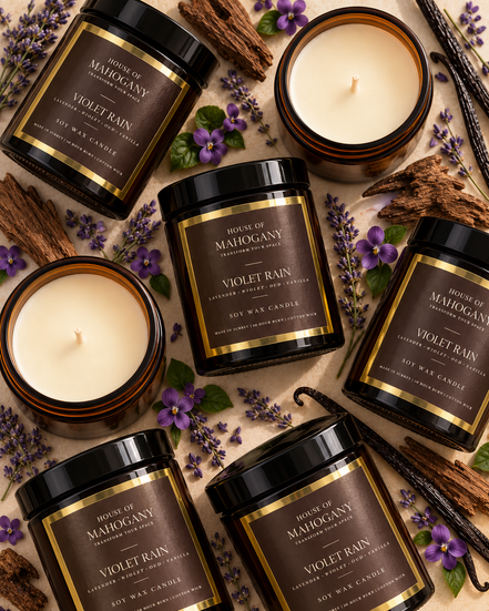 Violet Rain Soy Wax Amber Jar Candle - Soft Gothic Floral Fresh Natural Home Fragrance