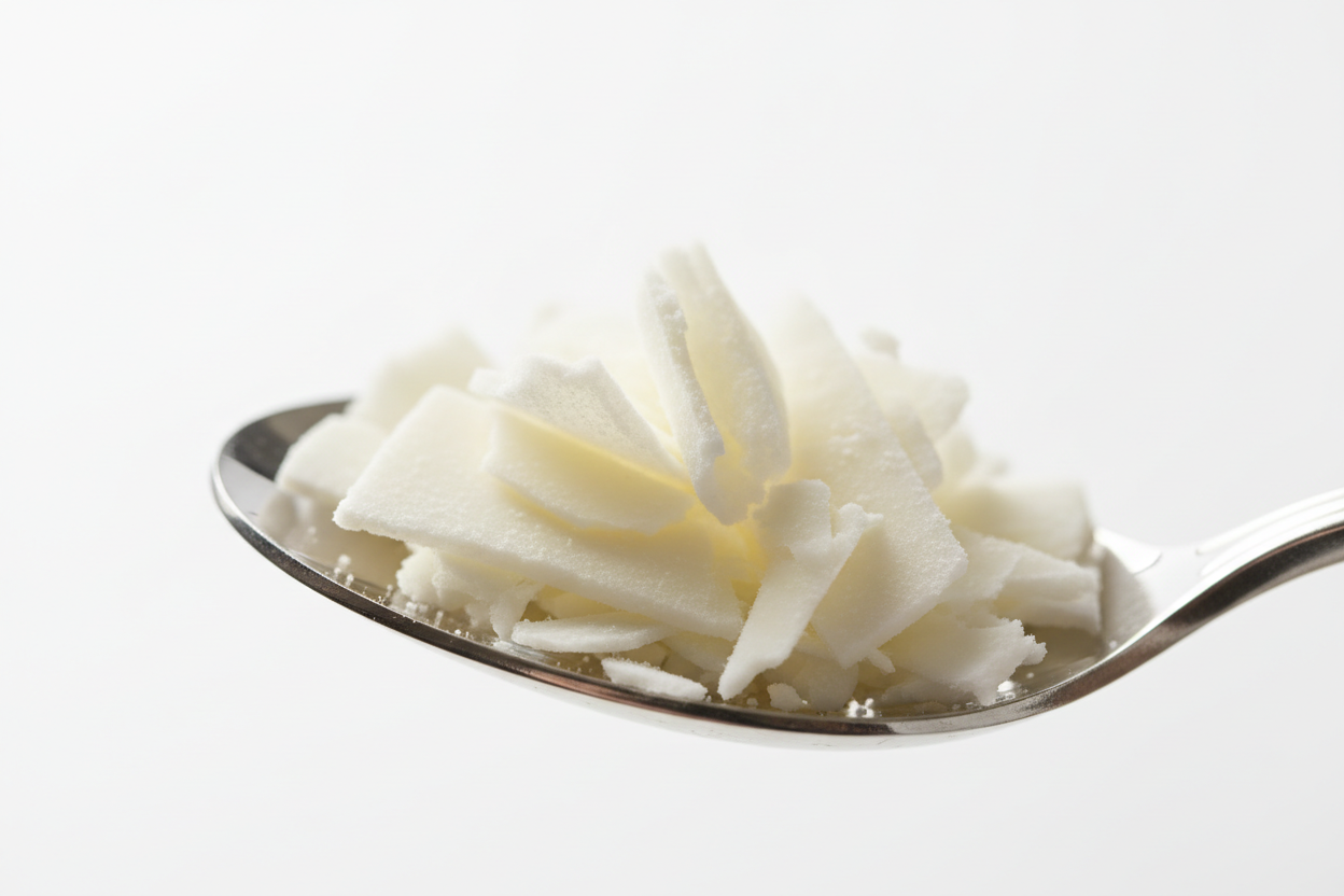 flaked soy wax on a spoon 